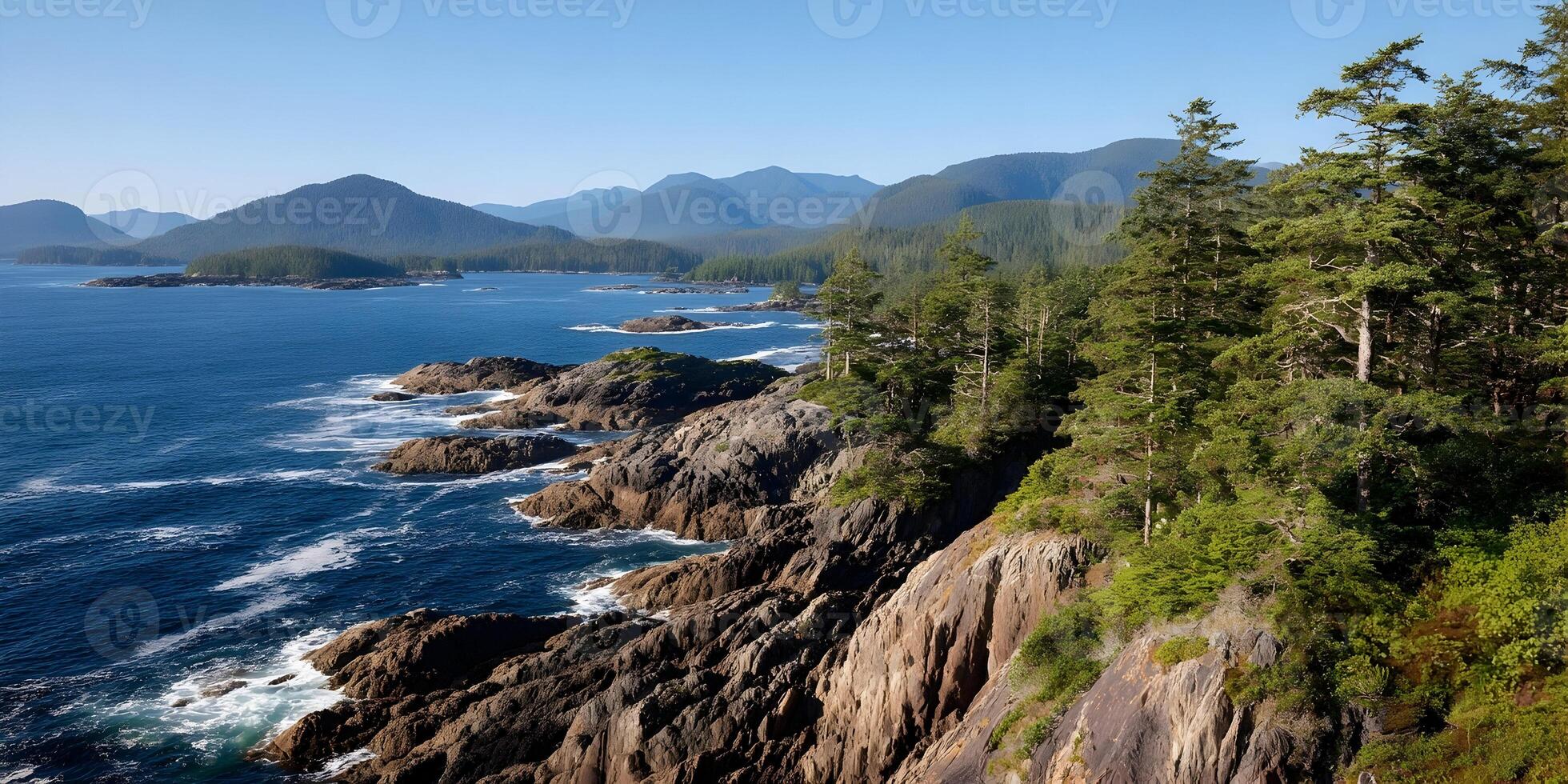 Pacific Northwest Coastline Rocky Shoreline Ocean View Green Trees Mountains photo