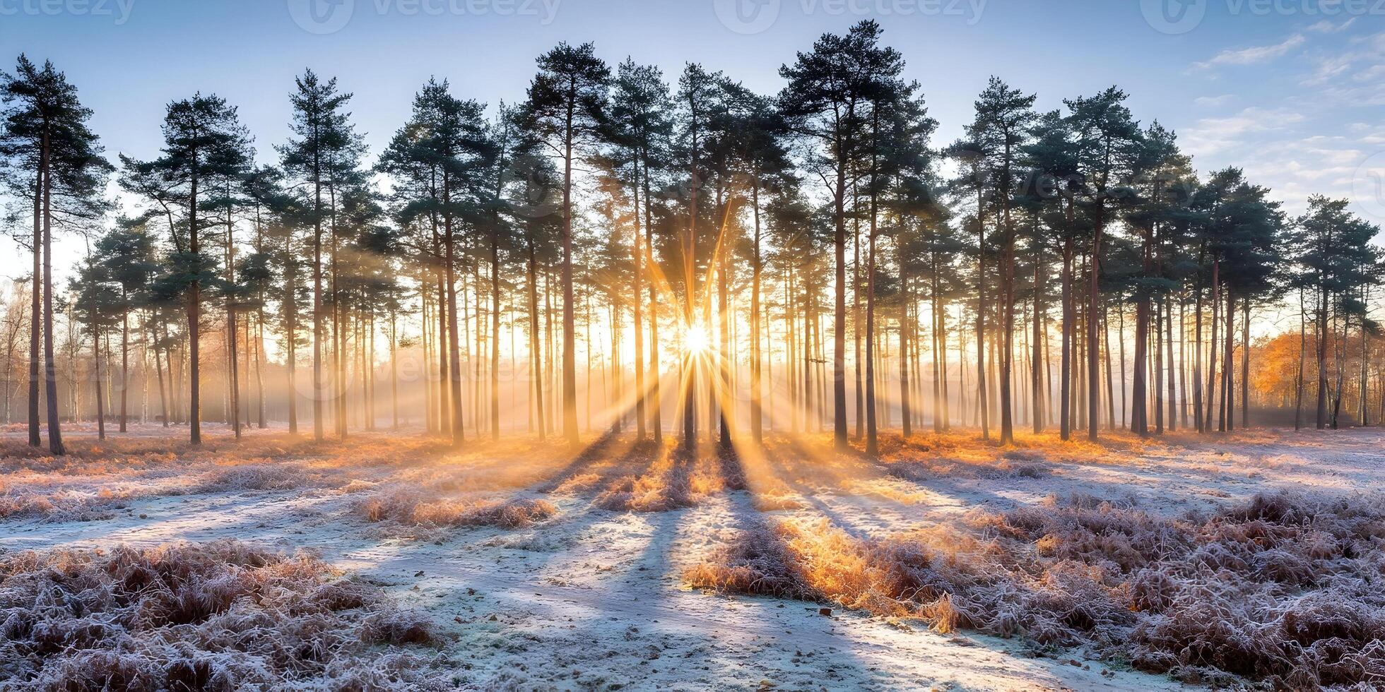Sunbeams through frosty pine trees winter sunrise landscape photo