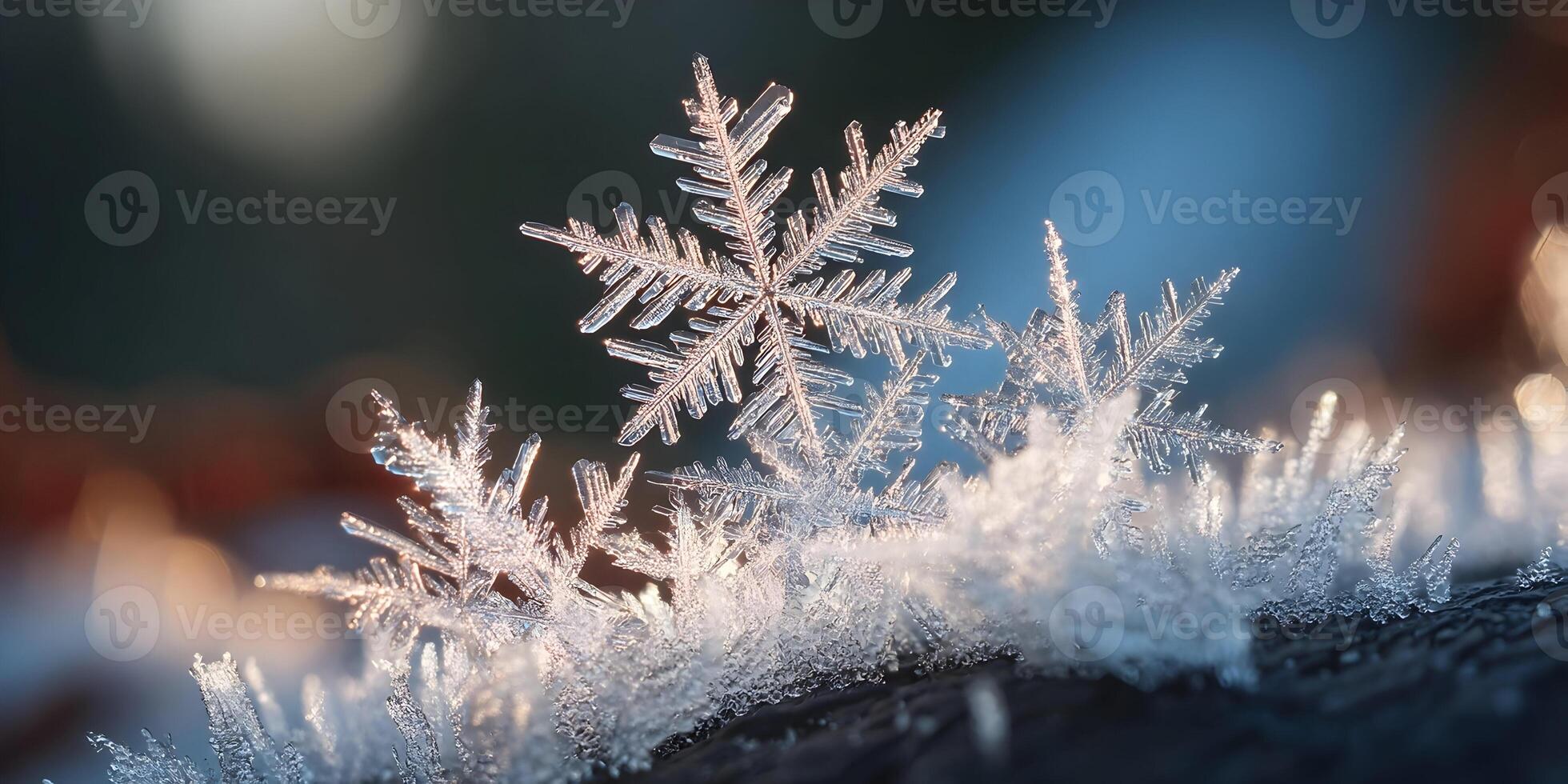 Closeup of a Large Detailed Snowflake Crystal on Dark Background Winter Snow Ice Nature Photography photo