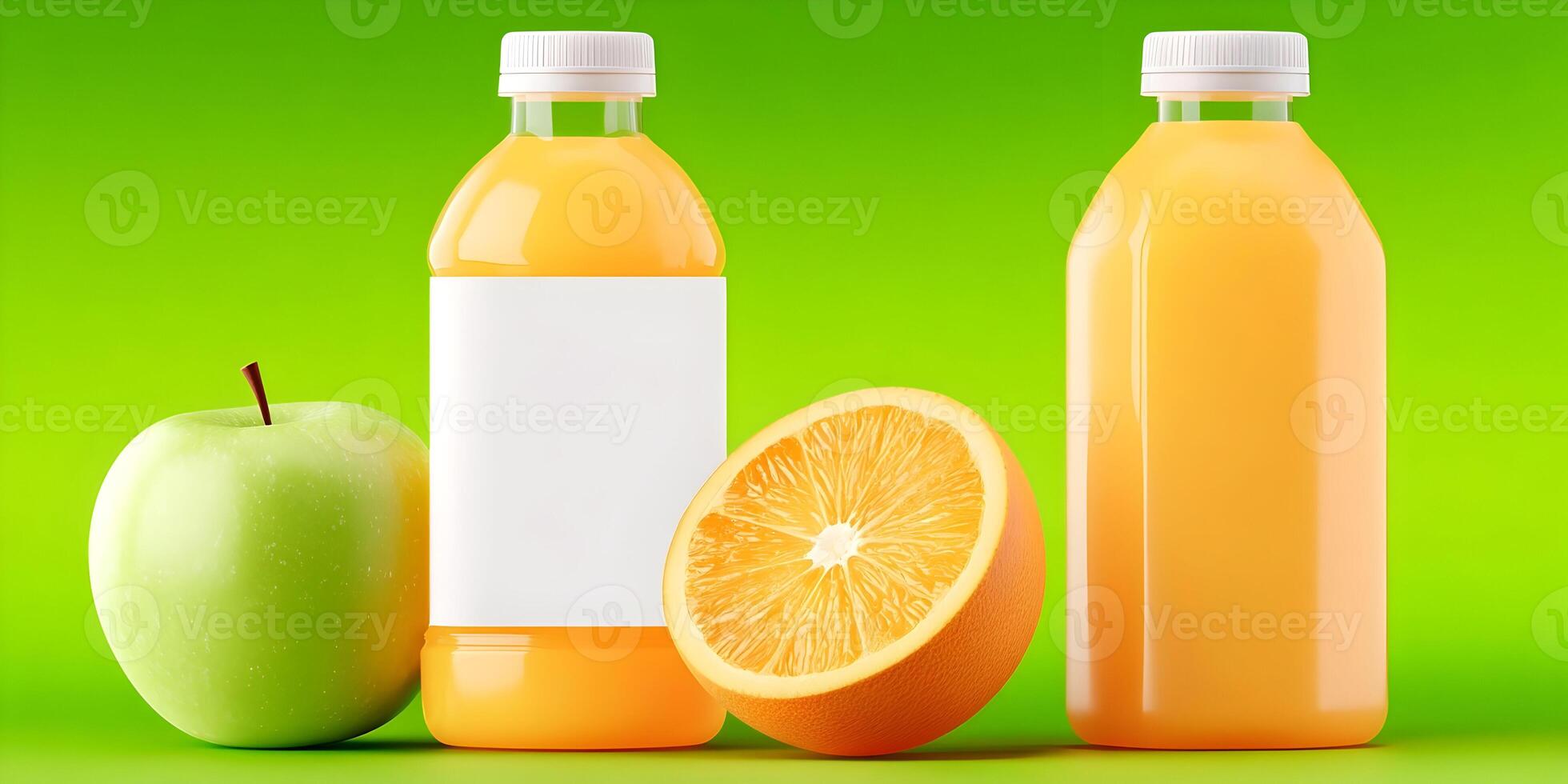 Two Bottles of Orange Juice Green Apple and Orange Slice photo