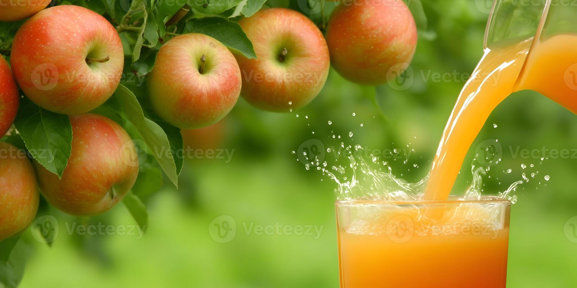Fresh Apple Juice Pouring from Pitcher into Glass with Splashing Effect near Apple Tree photo