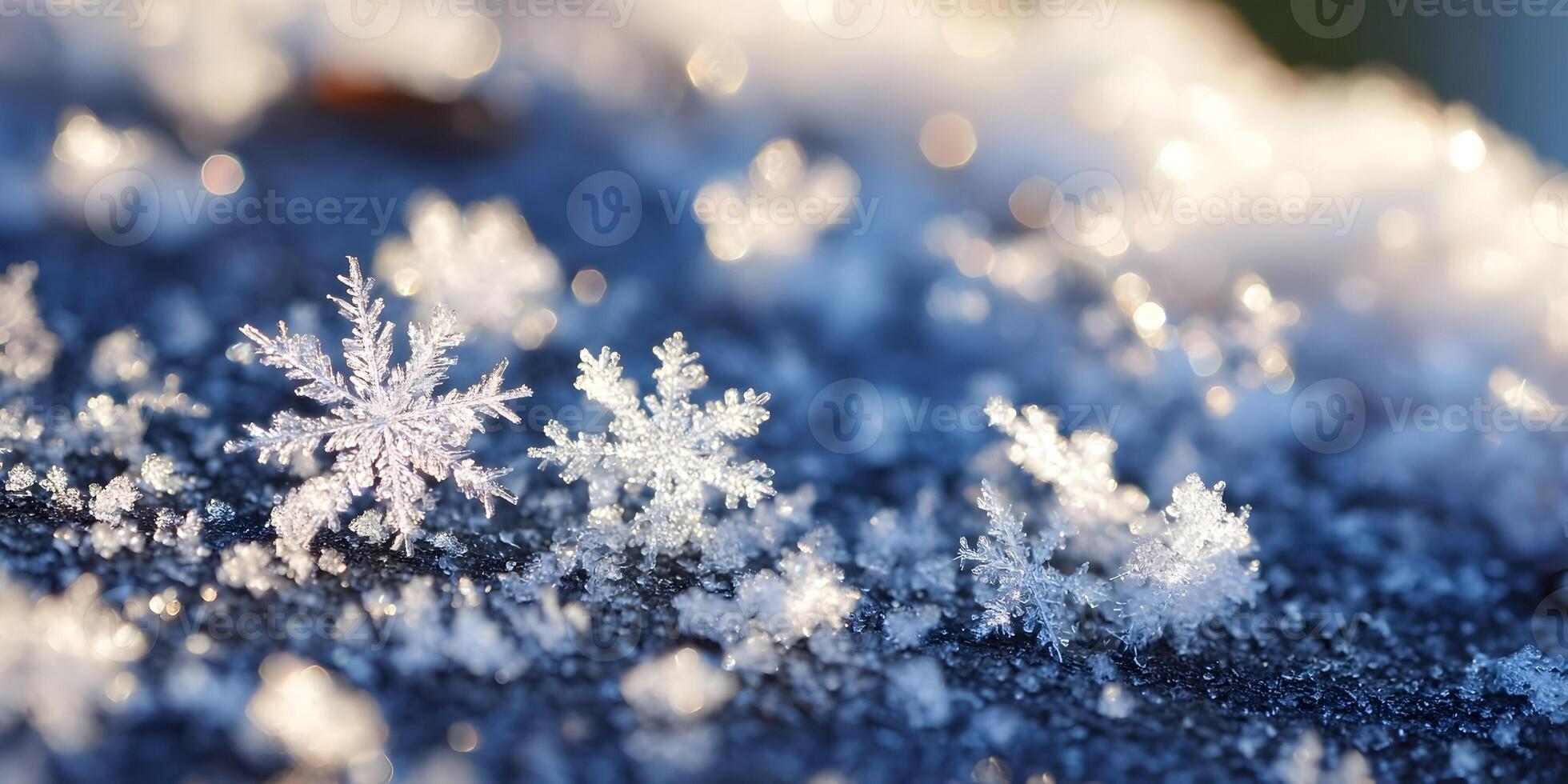 Closeup Detailed Snowflakes Winter Scene Sparkling Ice Crystals photo
