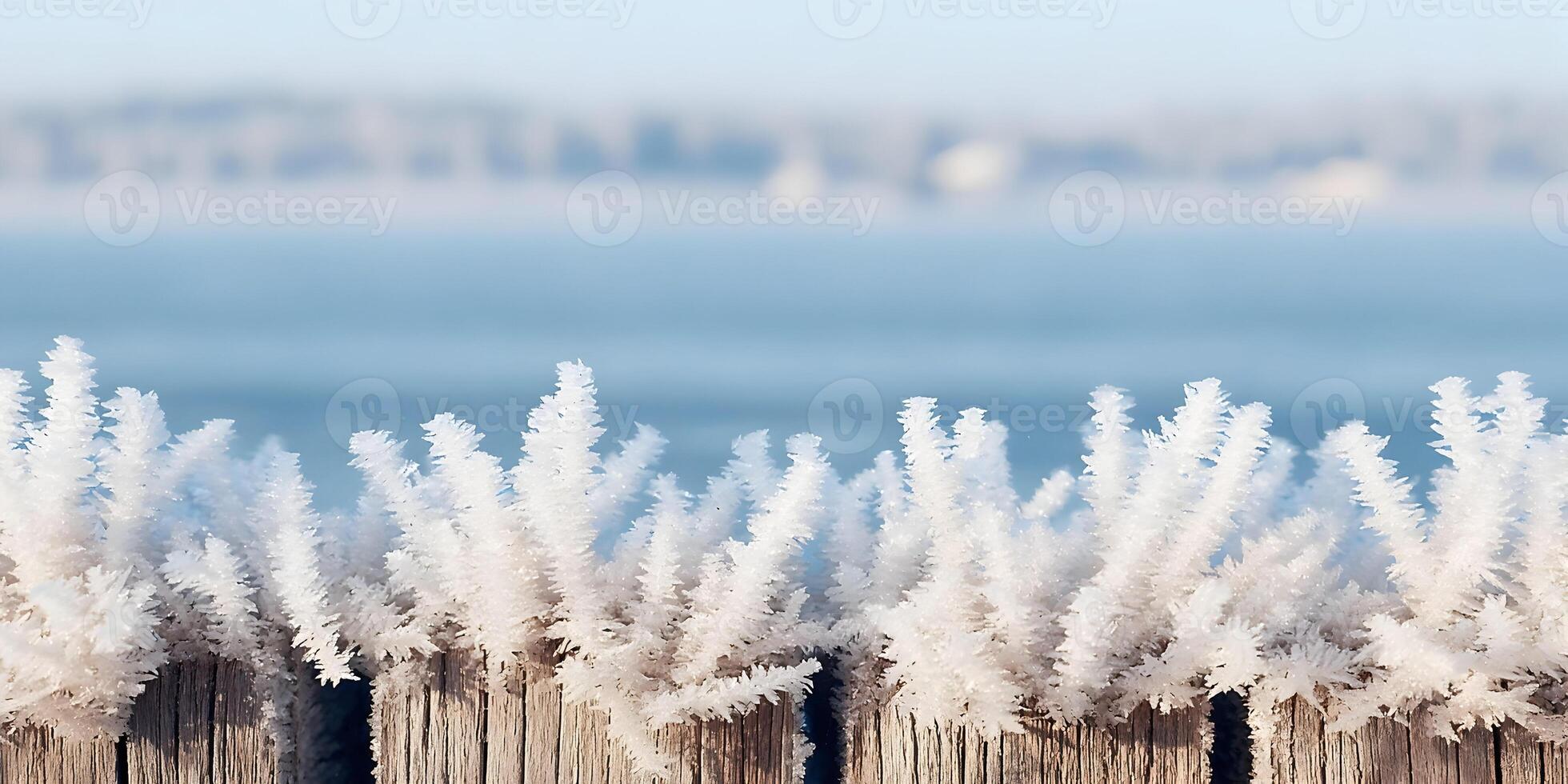 Frozen Wooden Fence Post with Frost Crystals Winter Scene Cold Weather Nature Background photo