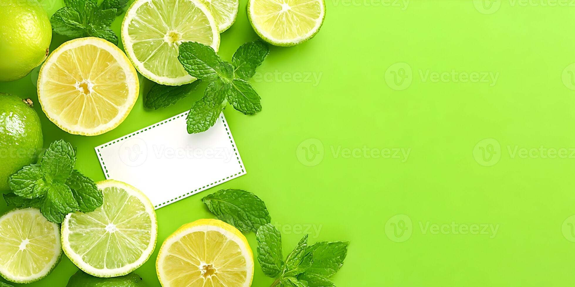 Fresh Lemons Limes Mint Green Background Blank Card photo