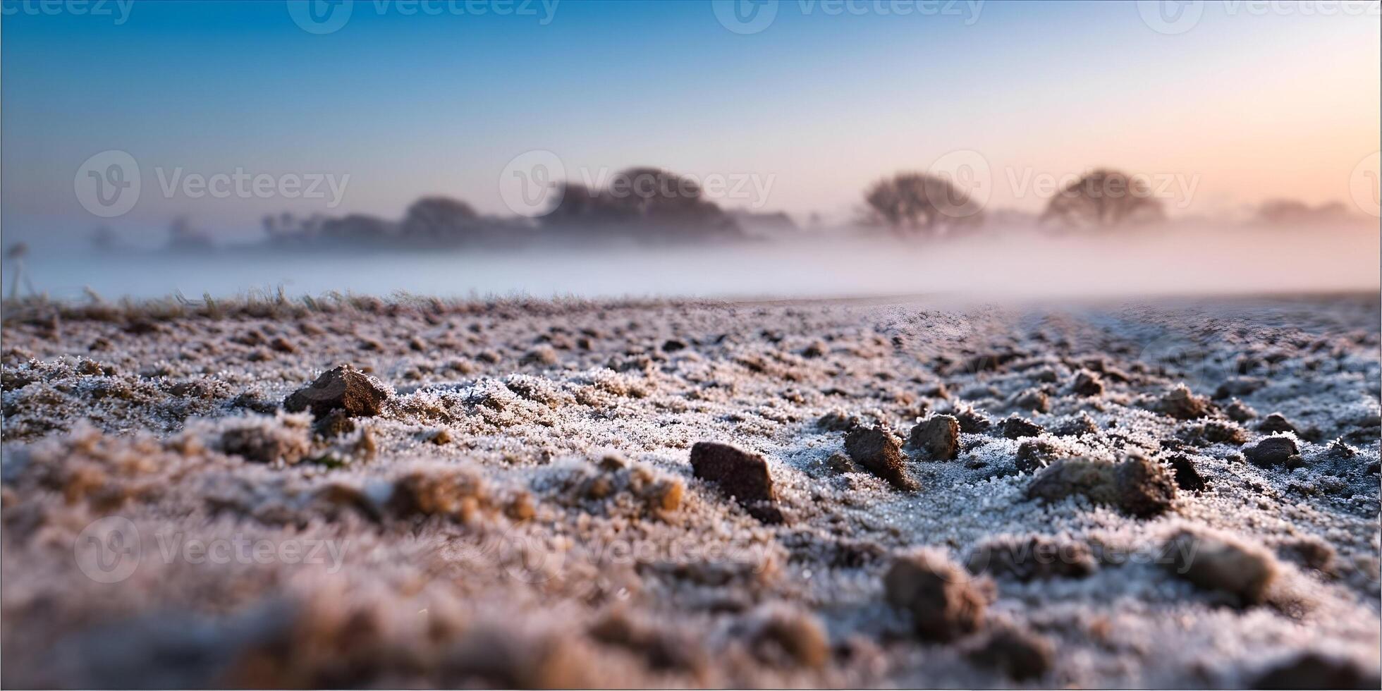 Frozen Ground Close Up Winter Landscape Frosty Field Sunrise Mist photo