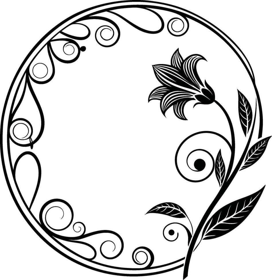 Elegant Circular Frame Floral Ornament Silhouette Icon, decor, label, foliage vector