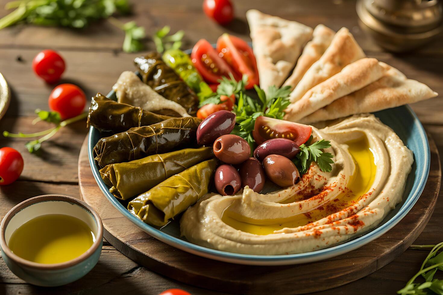 Delicious Mediterranean Mezze Platter Hummus Grape Leaves Olives Pita Bread photo
