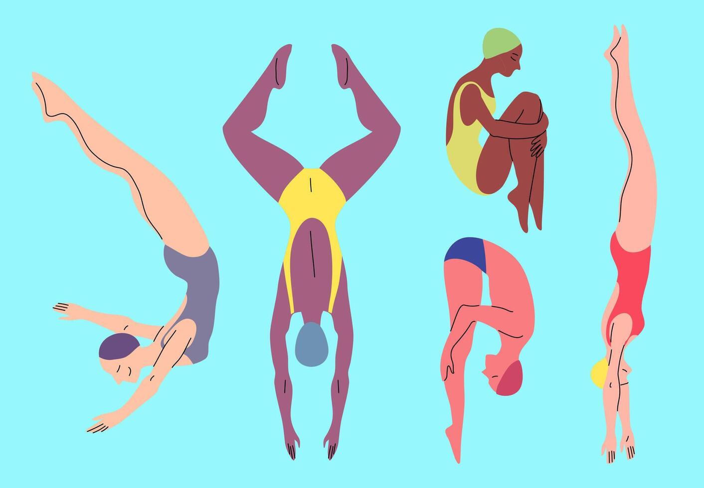 Illustrations of diving athletes in various poses vector