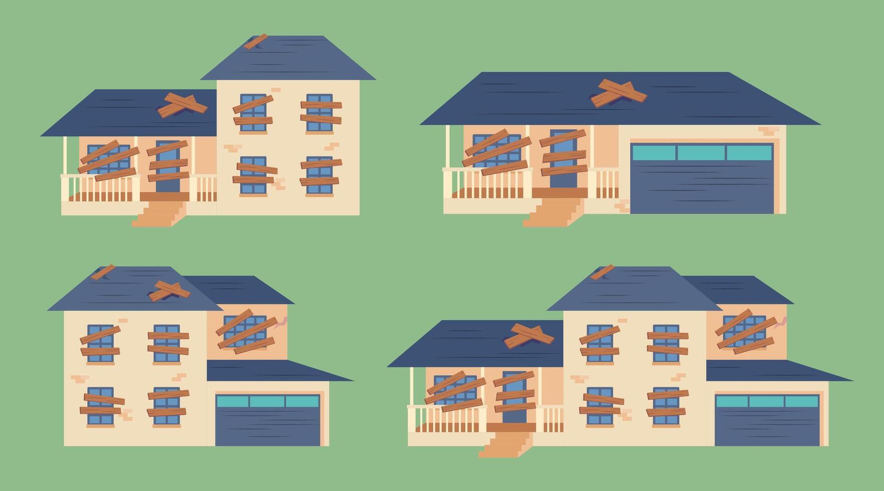 Cartoon Color Different Dilapidated House Set. vector