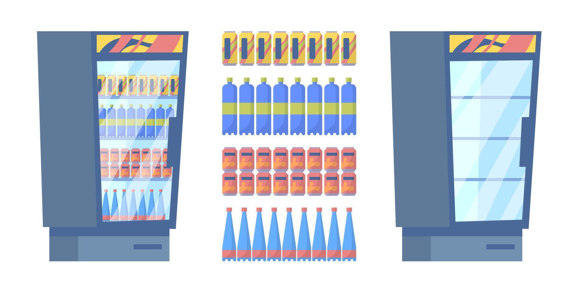 Cartoon Color Empty and Full Supermarket Refrigerator with Bottles Set. vector