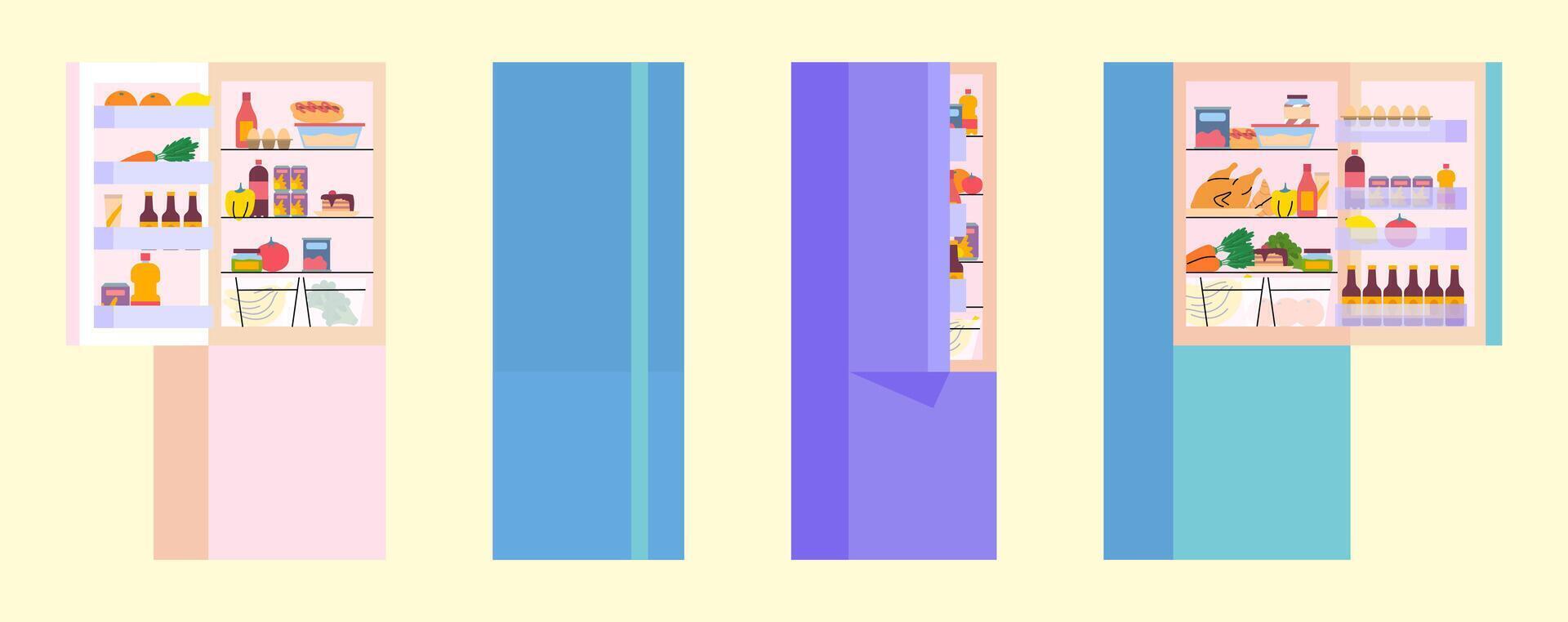 Cartoon Color Different Fridge Open and Closed Full Of Food Set. vector