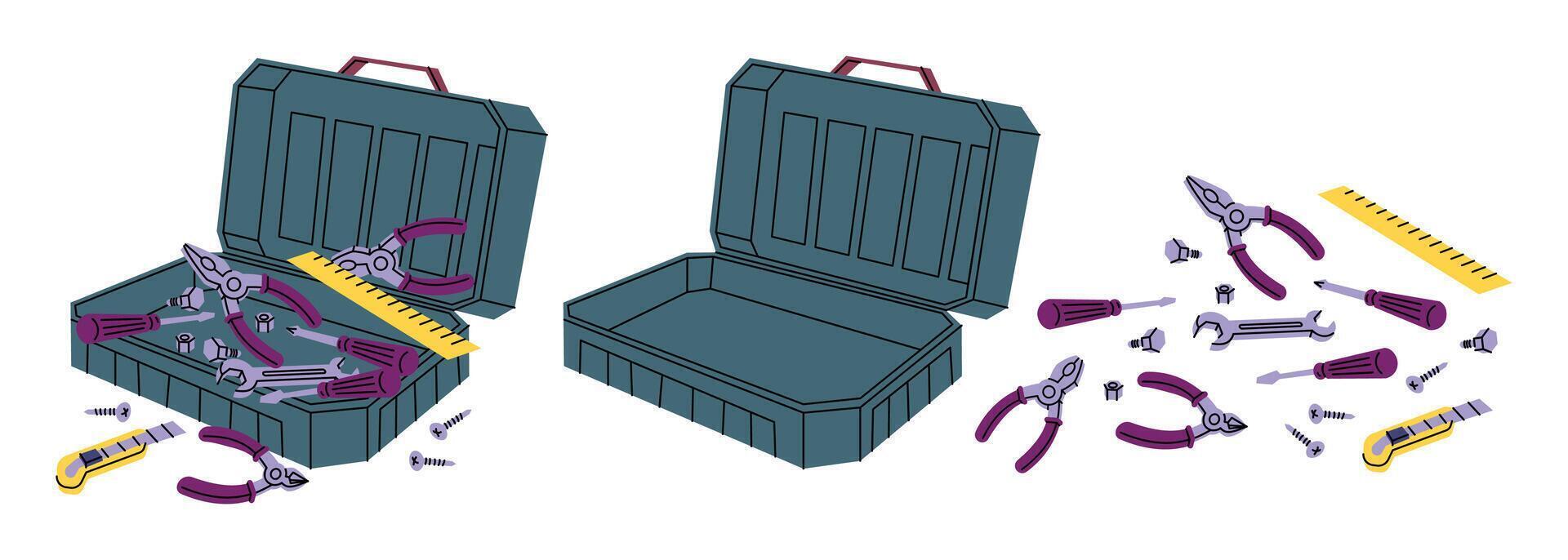 Cartoon Color Empty and Full Open Construction Toolkit Boxes Set vector