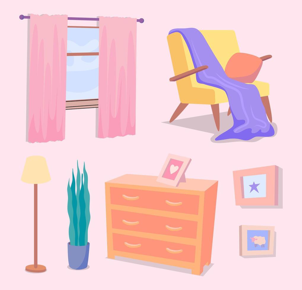 Cartoon Color Different Lounge Furniture Object Set vector