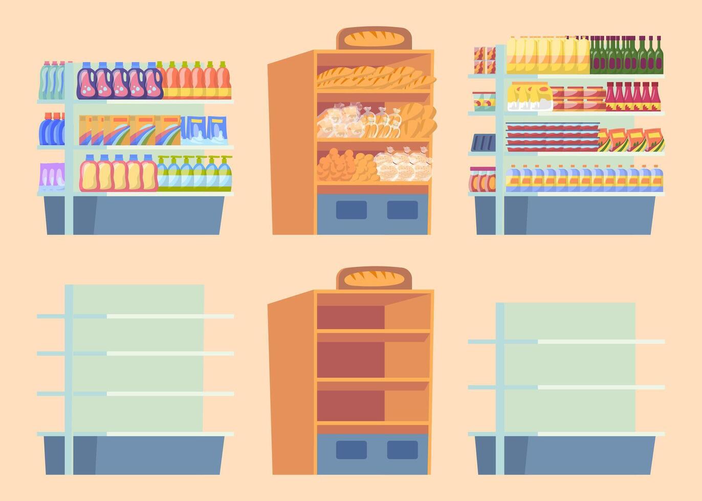 Cartoon Color Empty and Full Supermarket Shelving with Products Set. vector