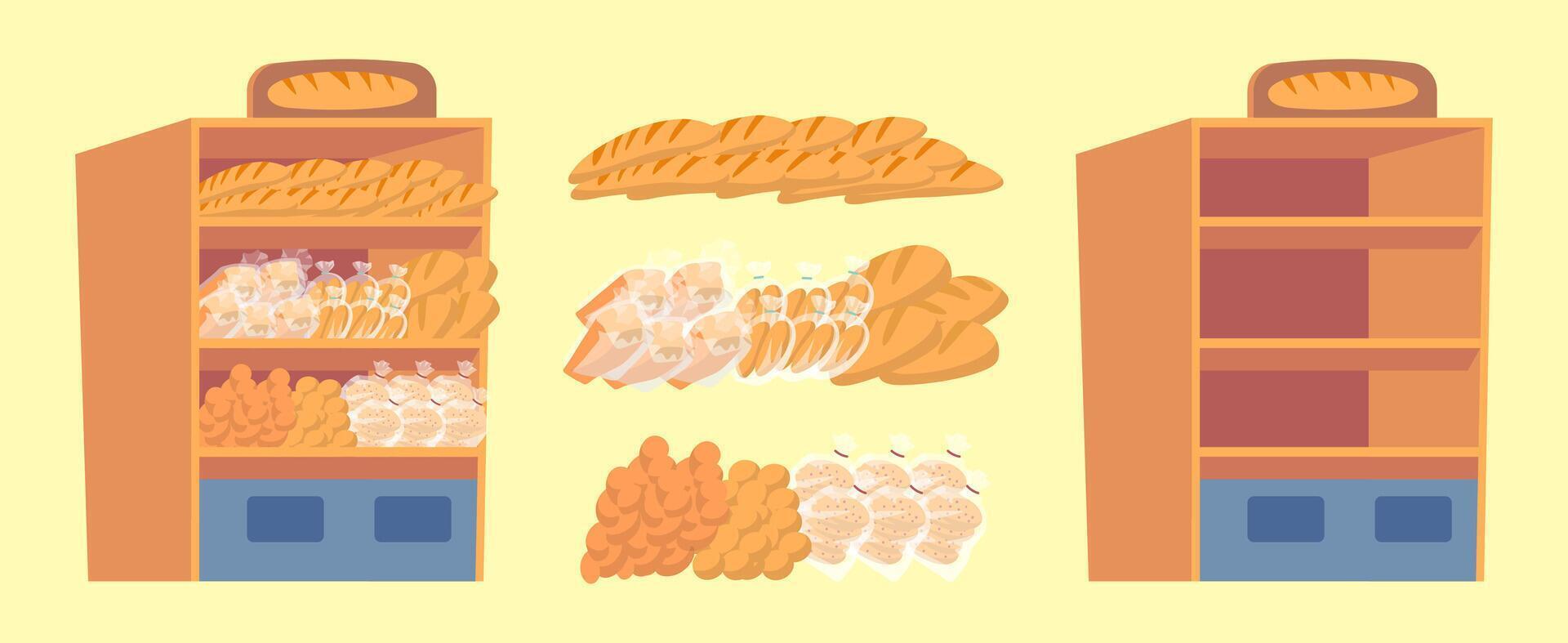 Shelves filled with different types of bread vector