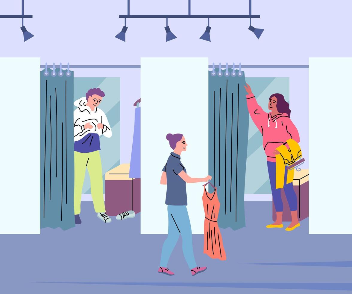 Cartoon Color Characters Boy and Girl in Fashion Fitting Room Concept. vector