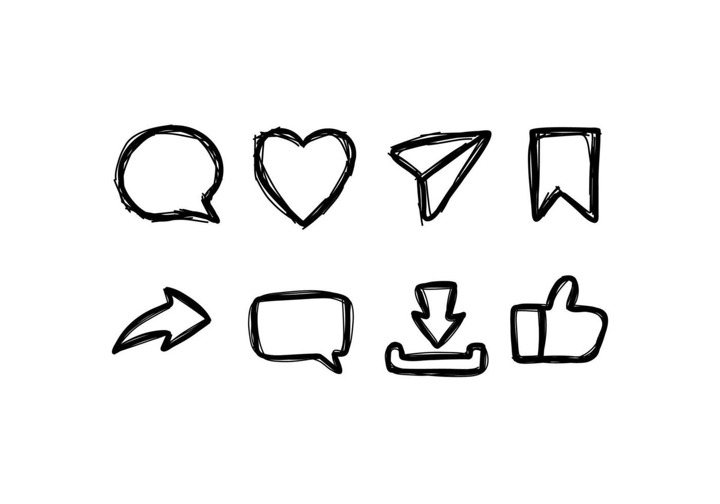 Set of social media icon in scribble doodle style include Thumbs up, repost, share, like, comment, love, download, bookmark or save, and direct message. Icon on isolated white background vector