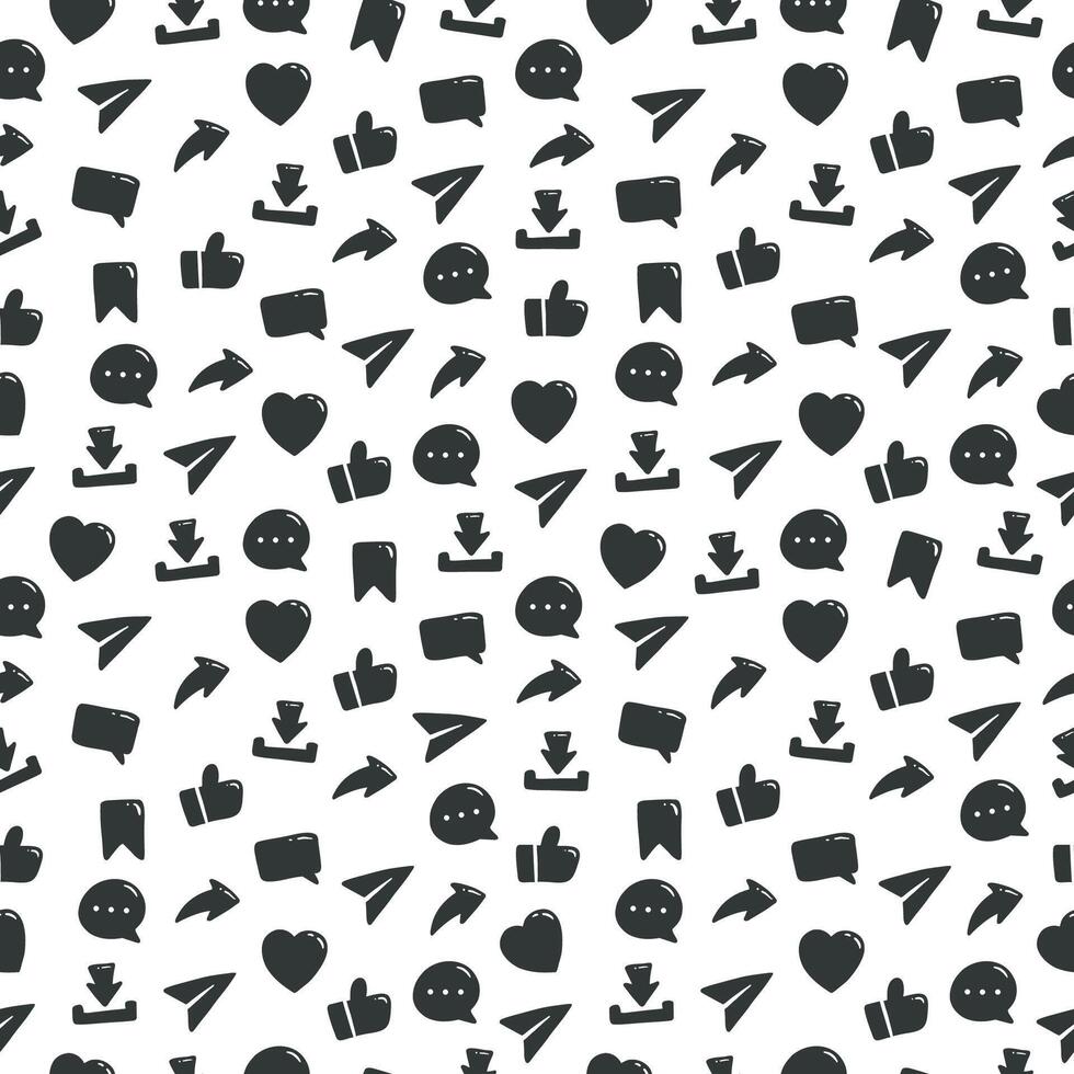 Social media engagement buttons share like love comment and repost icon hand drawn seamless pattern background hand drawn doodle style vector
