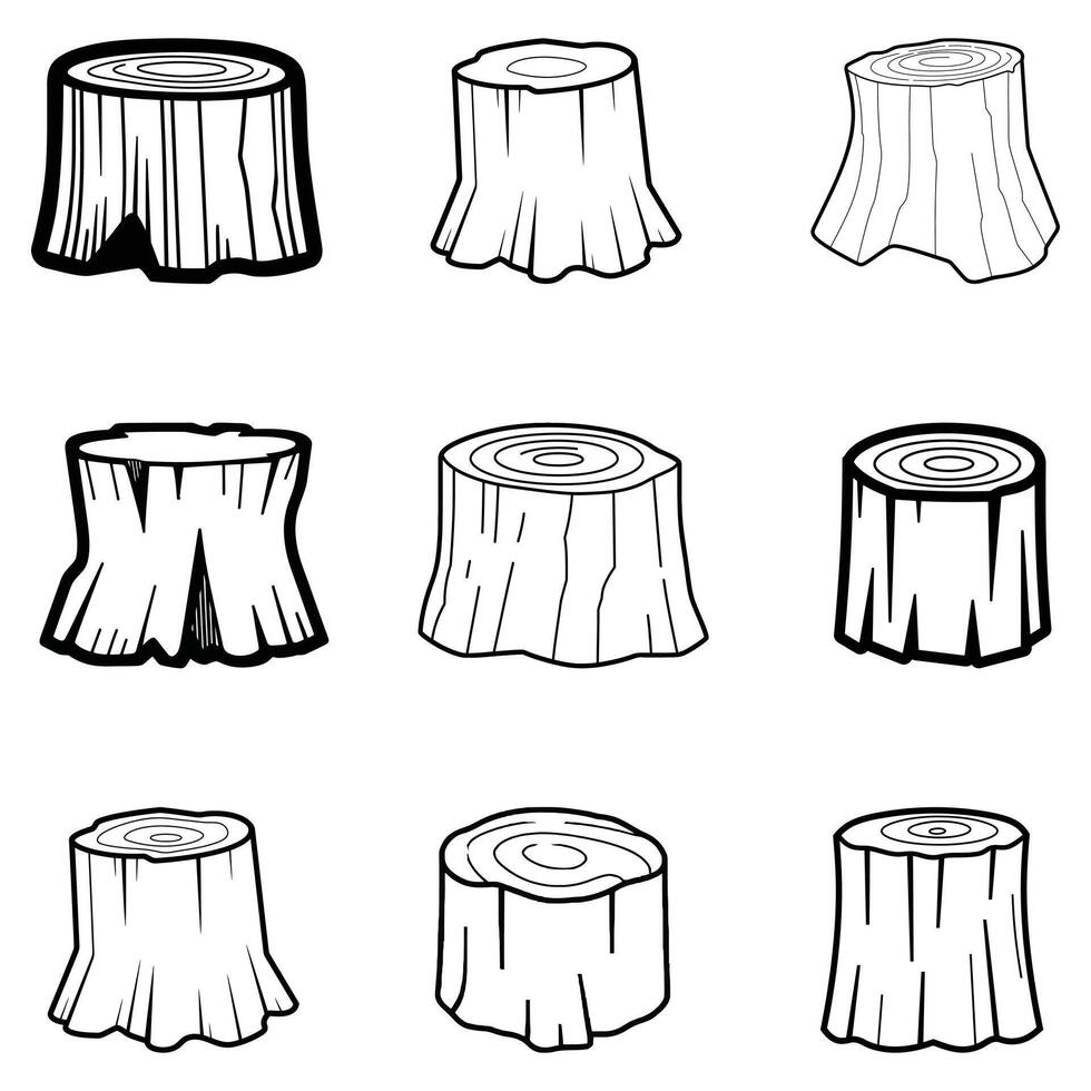 Nine Black and White Tree Stump Illustrations Showing Wood Grain and Different Styles vector