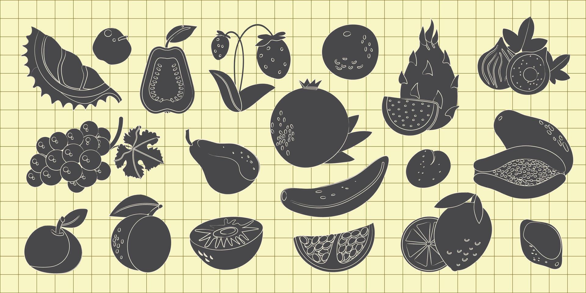 Set collection Fruits and Berries silhouettes monochrome isolated illustration on checkered background vector