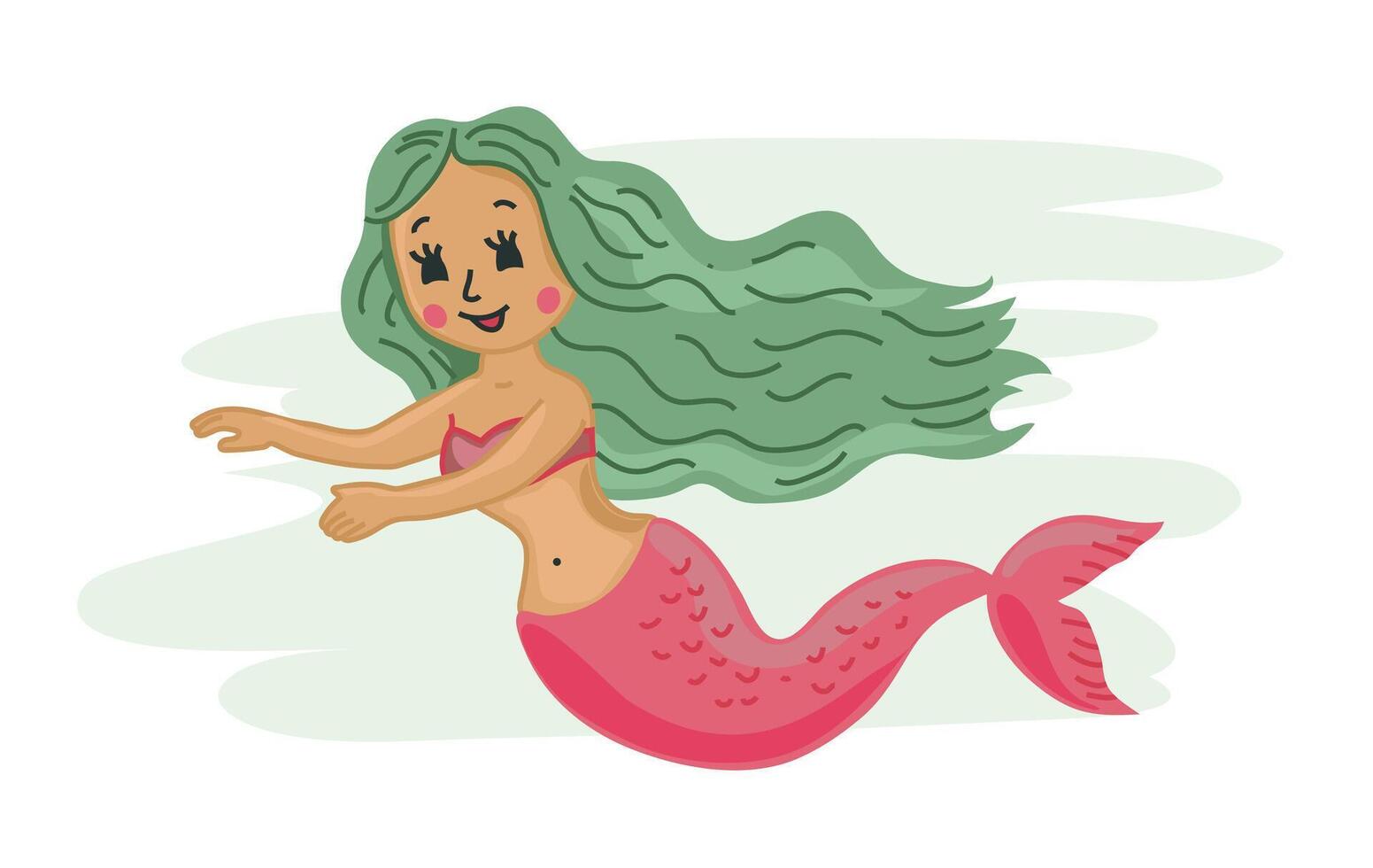 Mermaid with green hair hand drown clipart illustration. Underwater fairy character. vector