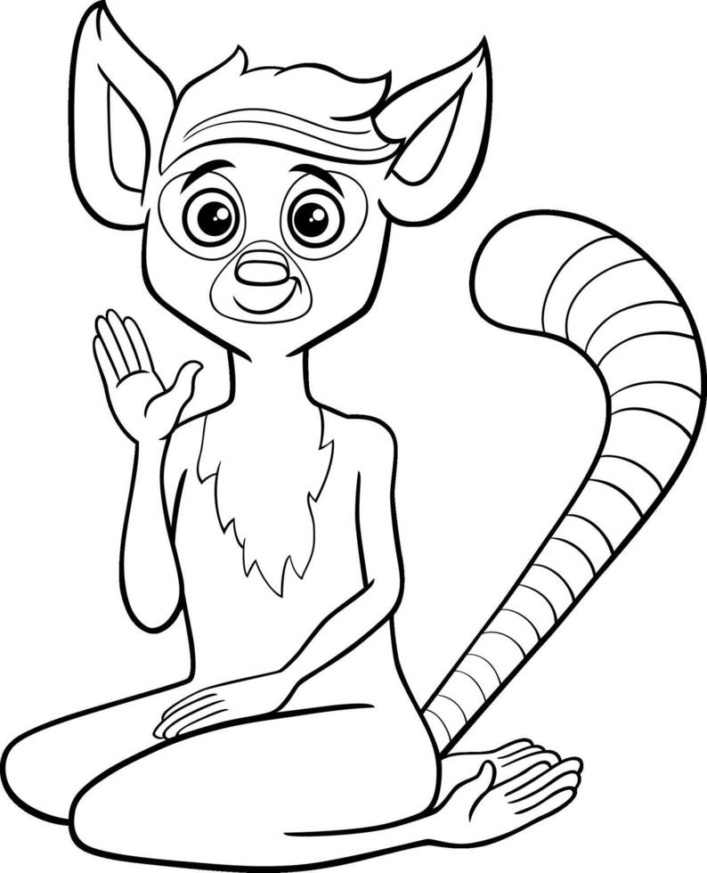 funny cartoon lemur primate animal character waving hand coloring page vector
