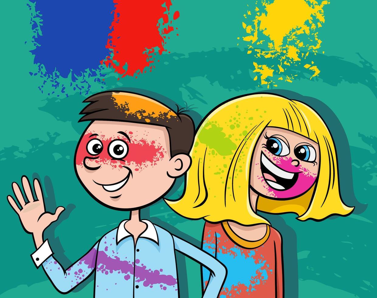 cartoon girl and boy having fun on party with color powders vector