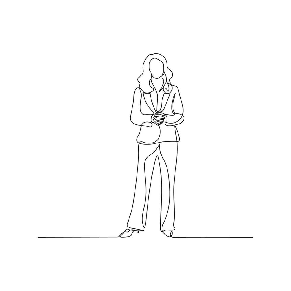 Female executive in continuous line drawing style. Portrait of a business woman in black linear sketch isolated on white background. vector