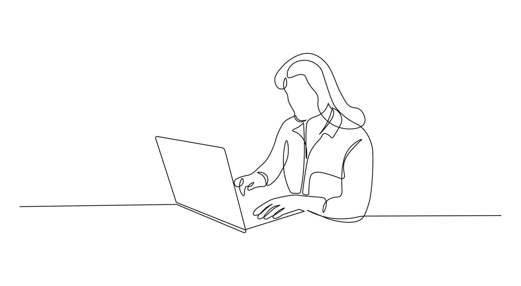 Continuous Line Drawing of a Women Using Laptop at a Table. Minimalist illustration of people working on laptop in black linear sketch isolated on white background. vector