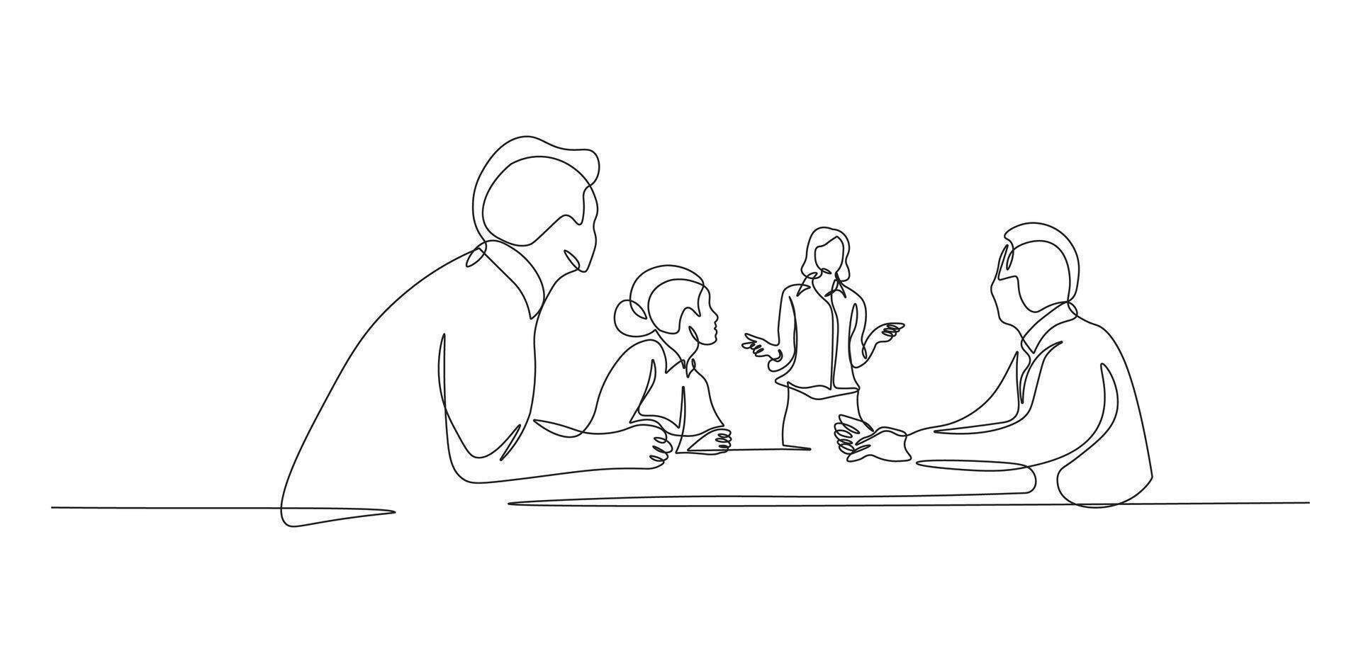 Continuous Line Drawing of Team of Men and Women in Business Meeting Discussing Ideas and Strategy. Minimalist illustration of business people in black linear sketch isolated on white background vector
