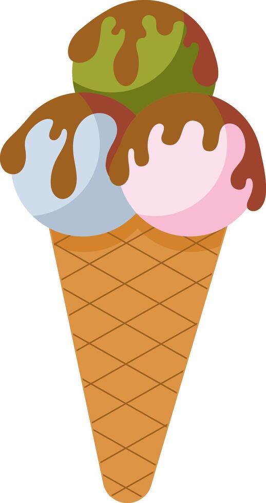 Ice cream.Desserts, sweet eating set. Yummy street food, confectionery snacks. Cone waffle with filling, ice-cream in cone. Hand drawn flat illustration. vector