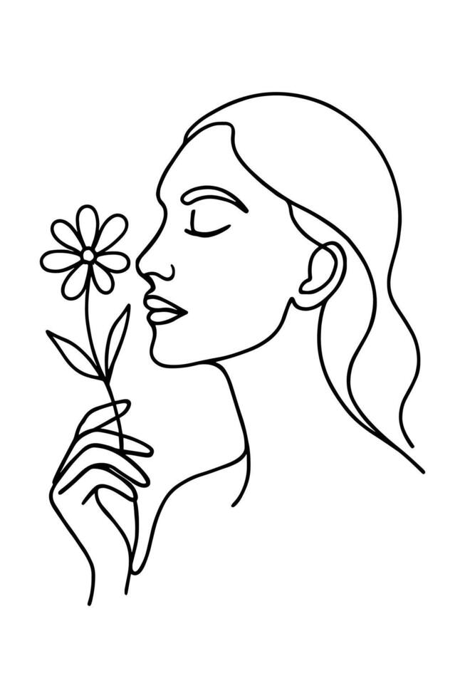 Woman Smelling Flower Minimal Line Art vector
