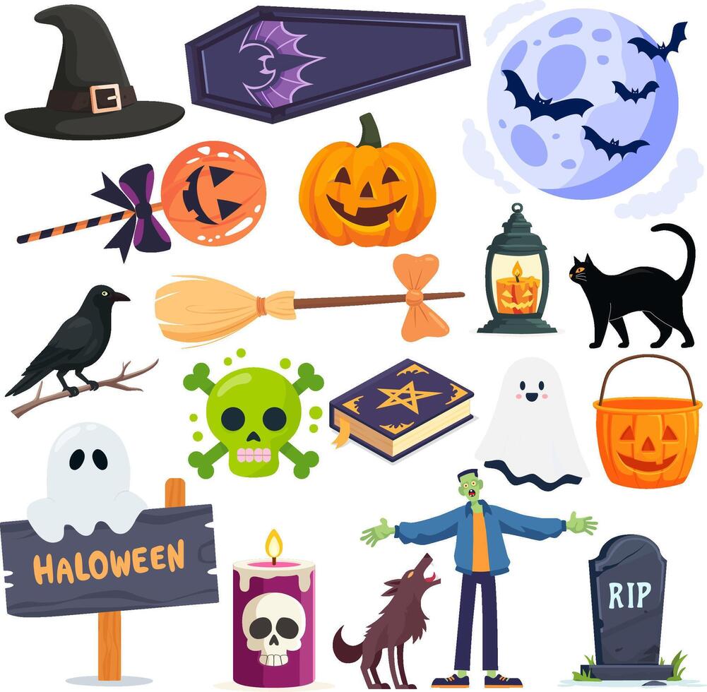 Halloween illustrations with pumpkins and ghosts vector