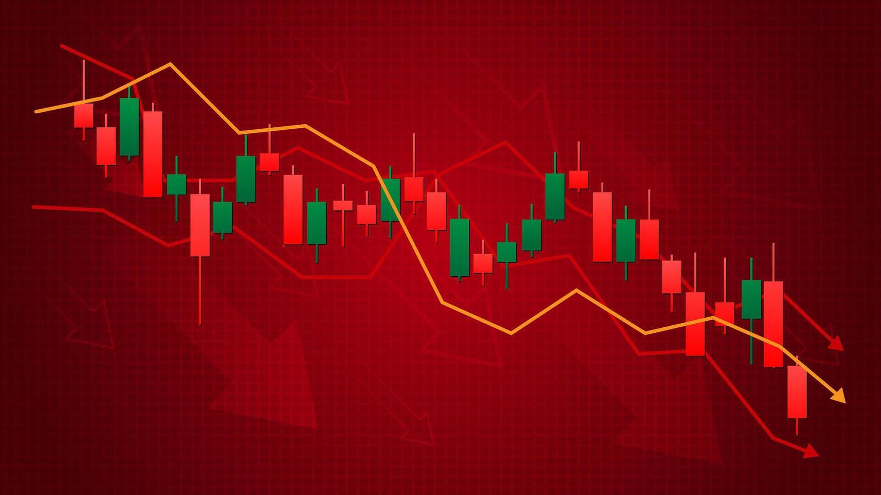 Red loss bear Forex market candle stick chart with falling arrow path indicators in chart background template vector