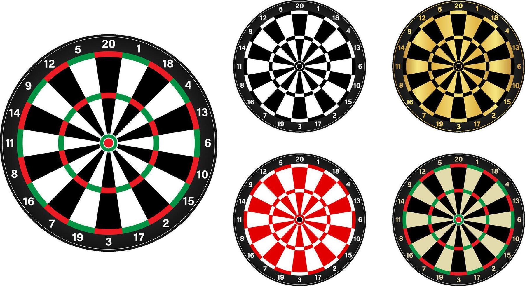 Dart boards in green and red, black and white, black and gold, red and white, original retro colour template vector