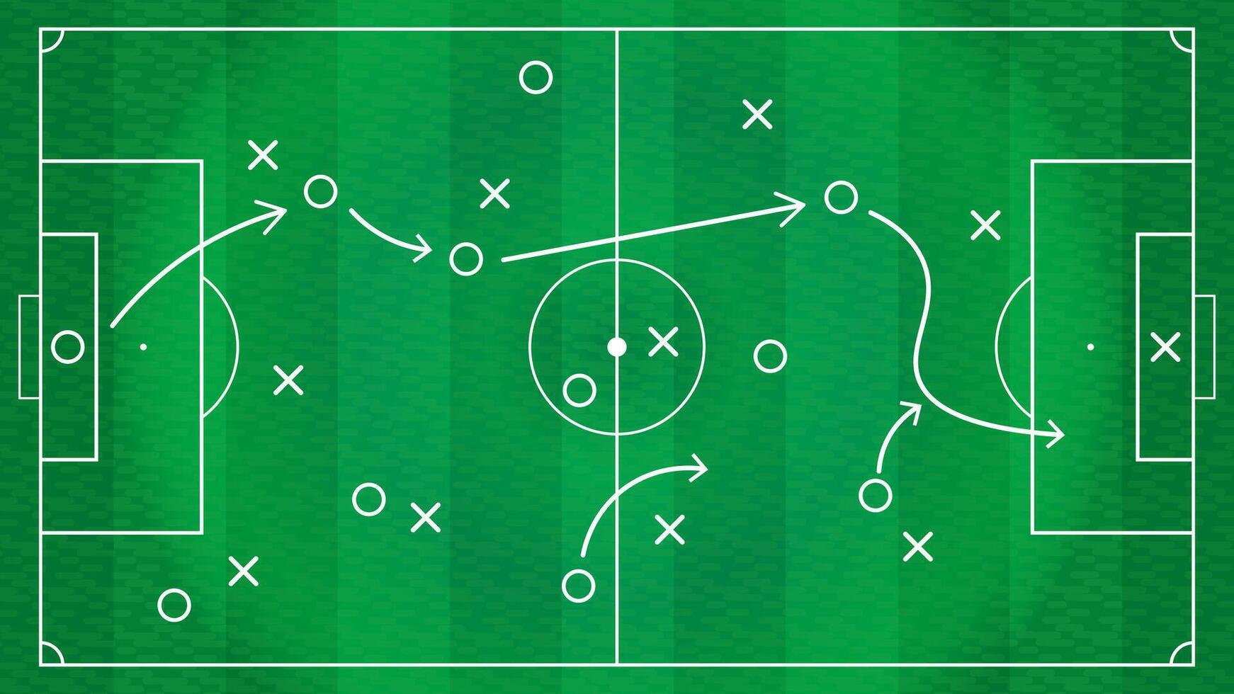 foot ball game plan, strategy, players position tracking with circle, cross with ball path in field template vector