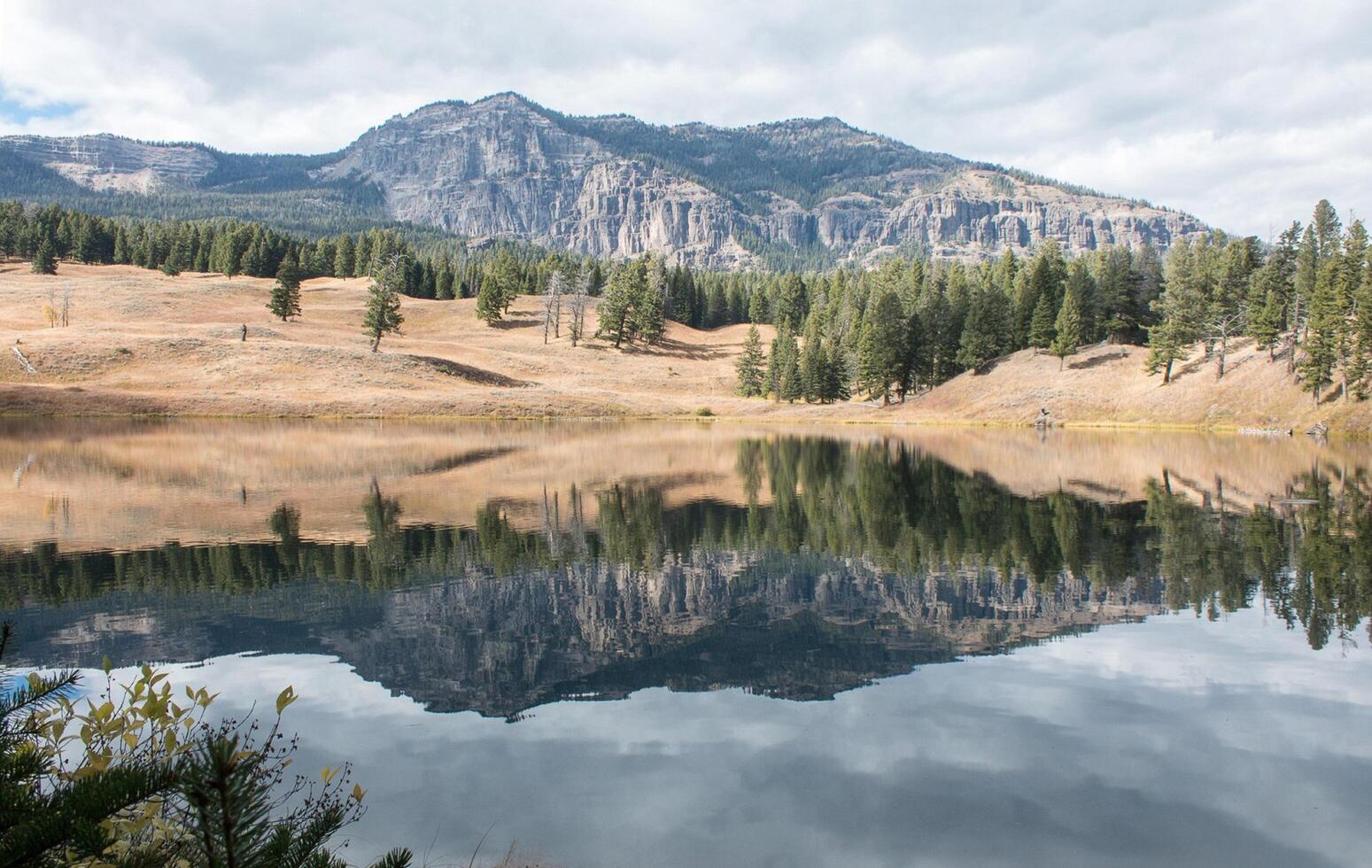 A Natural Mirror Reflecting Majestic Mountains and Serene Pine Forests Under a Vast Sky photo