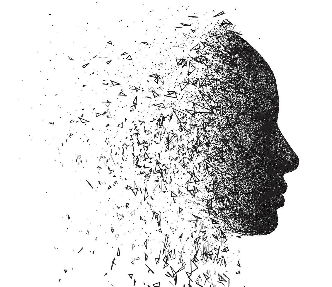 Human head profile dissolving into scattered geometric fragments and particles. Identity, memory, and transformation conceptual design. vector