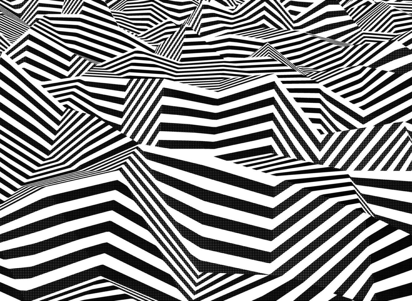 Abstract black and white zigzag landscape. Geometric contrast high contrast pattern made by bold lines and halftone dots. vector