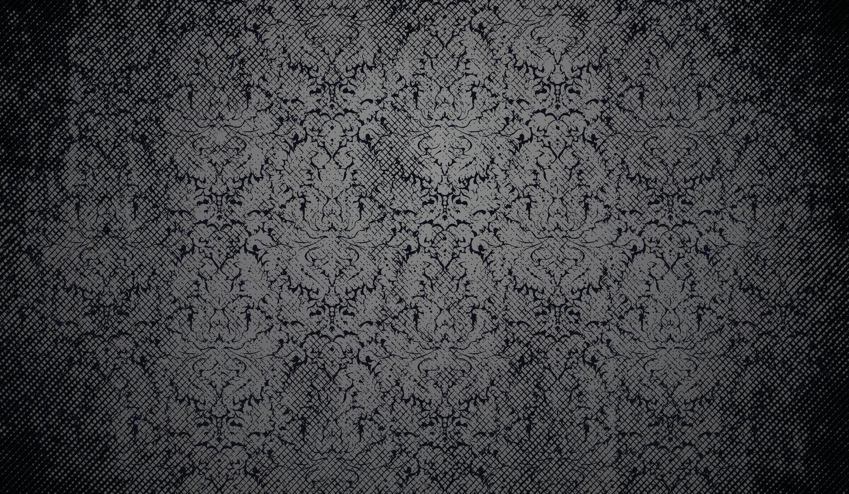 Dark damask pattern with vintage grunge texture and halftone graphic hatching shading. Dark ornamental gothic, baroque, and antique-style background. vector