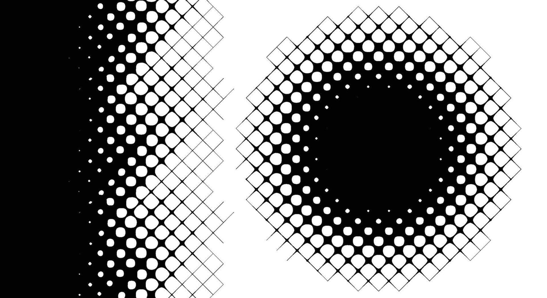 Halftone design with smooth diamond-shaped dot gradients forming vertical and circular patterns. Bold black and white layout for modern graphics. vector
