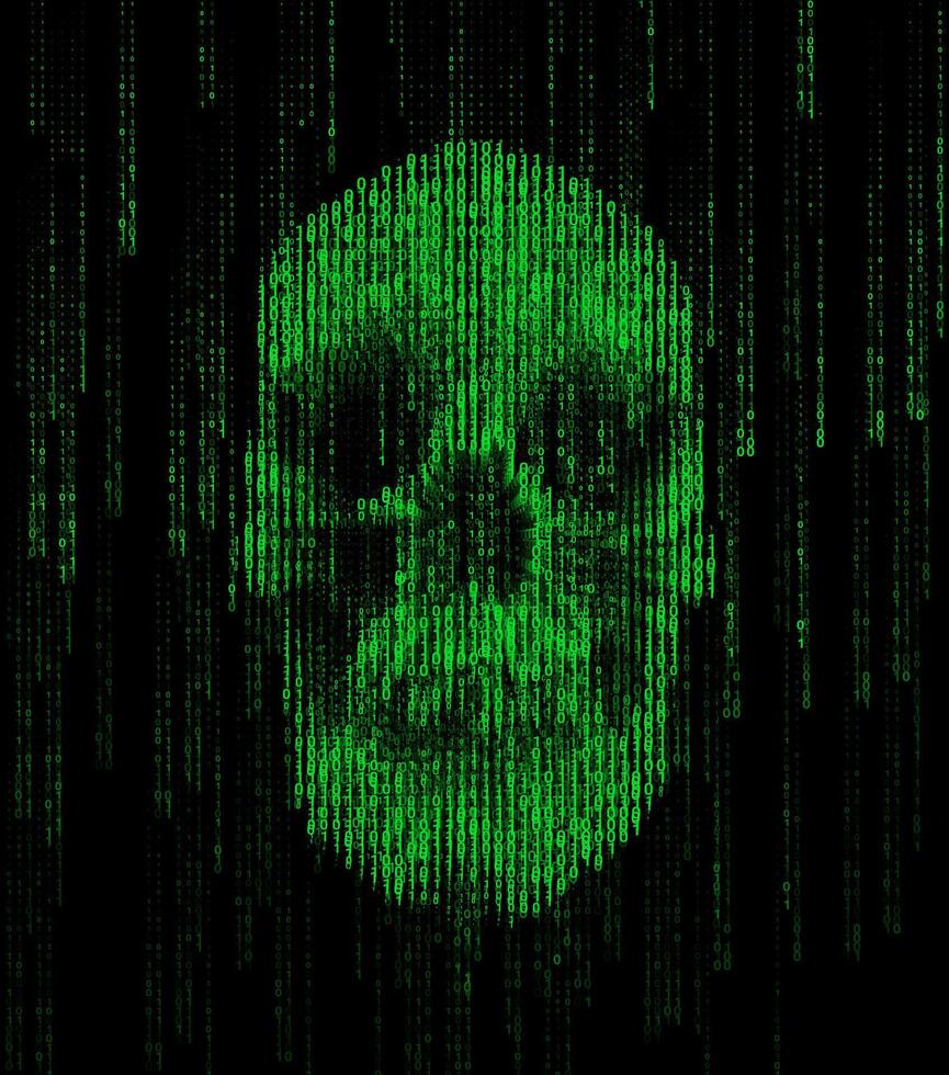Digital skull composed of green binary code on a black background. Matrix theme glowing numbers with cyberpunk, hacker-themed aesthetic and dark tech vibe. vector