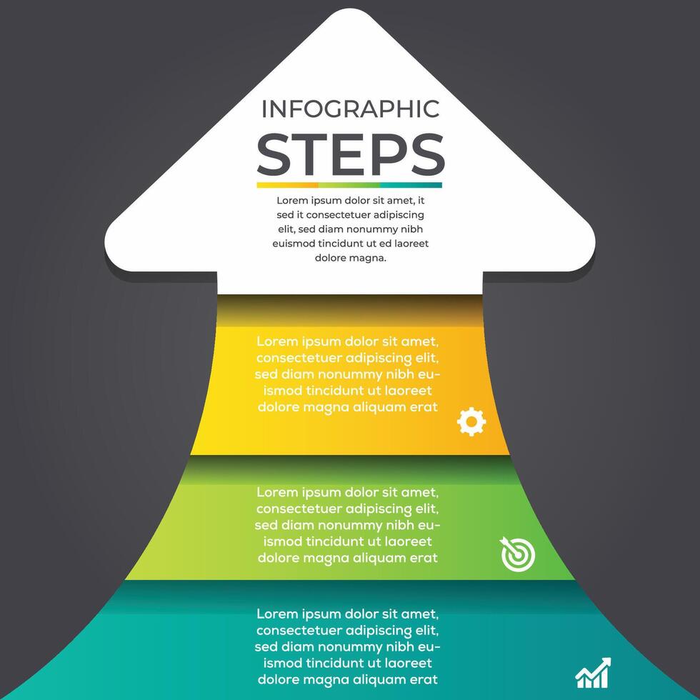 Modern arrow infographic with 3 colorful step banners and icons on dark background. vector