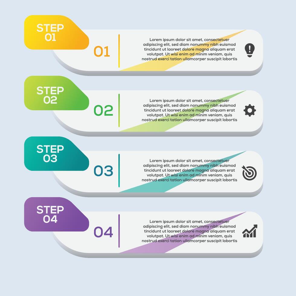 Colorful 4-step infographic with modern numbered banners and icons on light background. vector