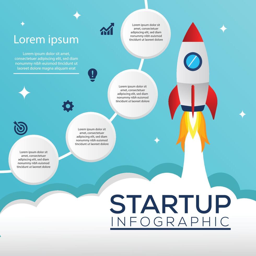 4 steps startup infographics design with rocket launch. business and finance concept vector