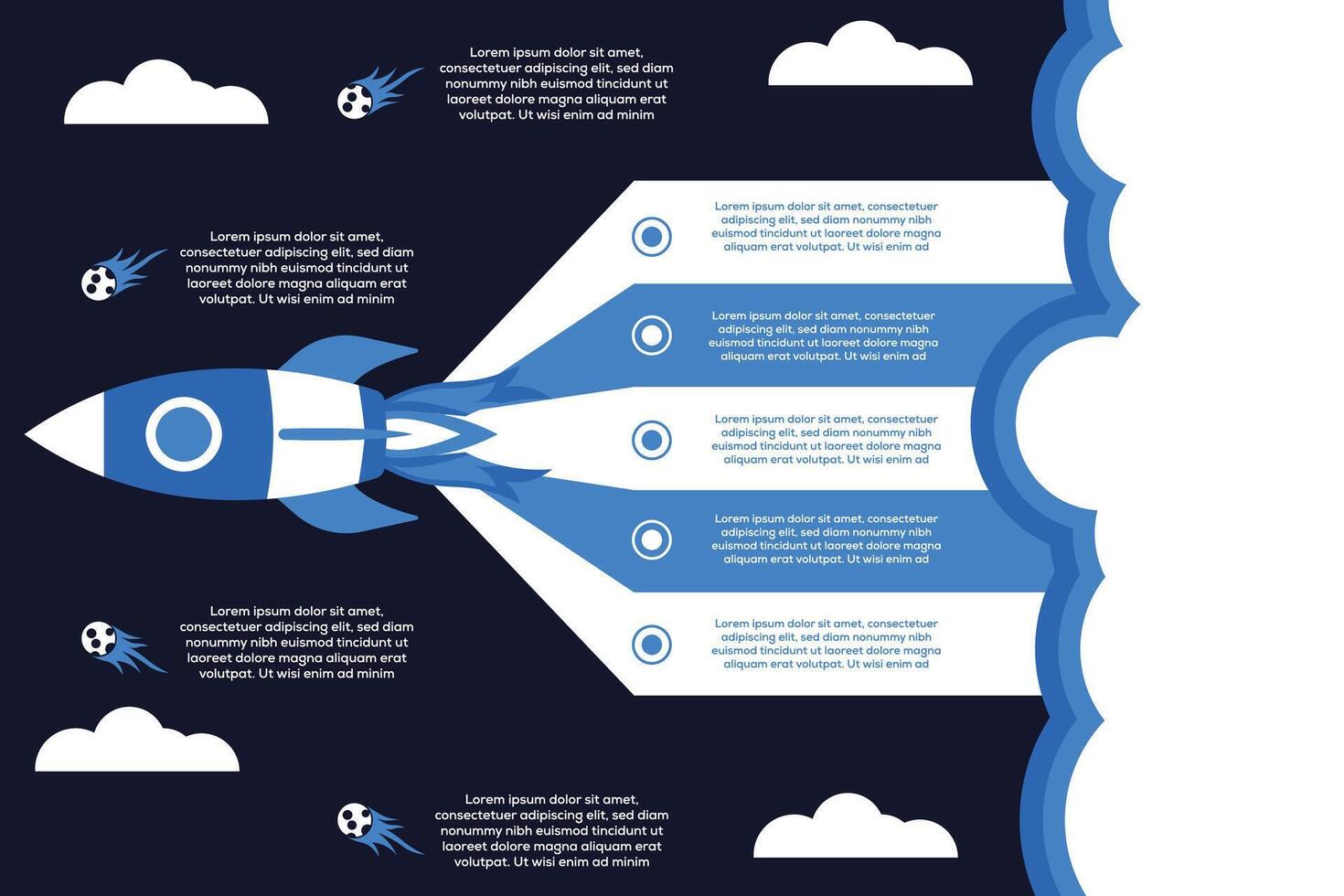 rocket startup infographic with timeline arrows and icons on dark background vector