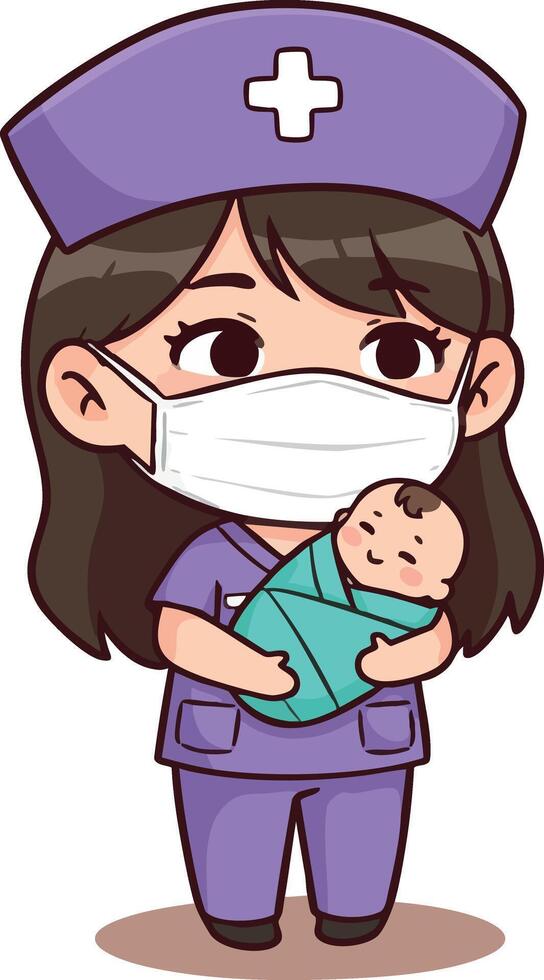 Nurse in purple uniform holding newborn baby illustration in medical setting vector