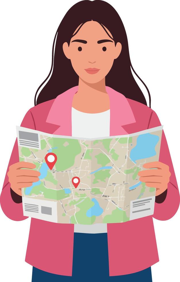 Woman holding map with location pins travel navigation concept illustration vector