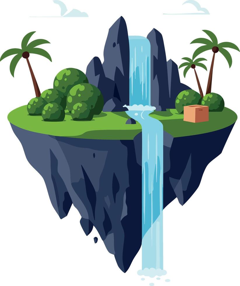 Floating island with waterfall and palm trees natural landscape illustration vector