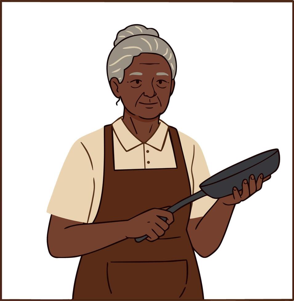 Elderly woman holding frying pan wearing brown apron and beige shirt illustration vector